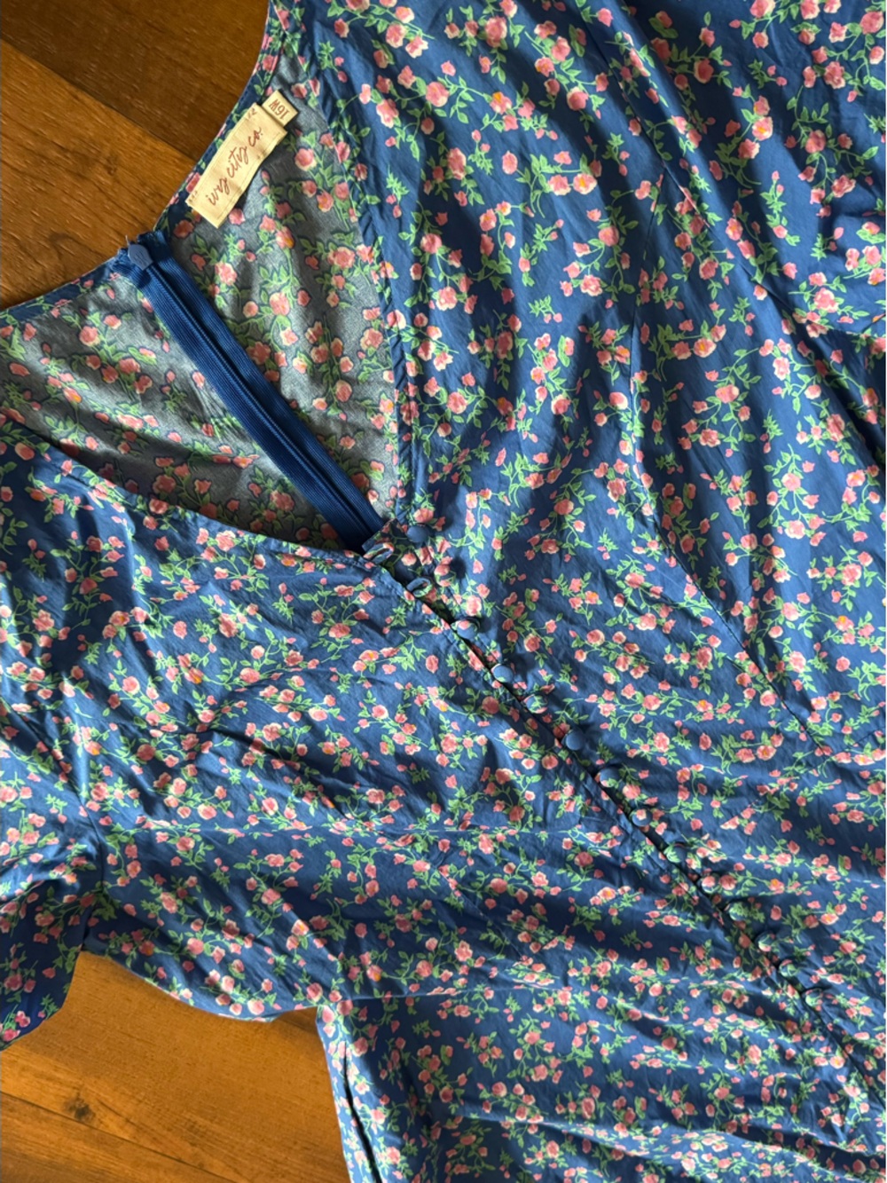 Ivy City Co Vintage Inspired Blue Floral Zip-Back Button Dress Pink Blossoms 16W - Picture 4 of 13